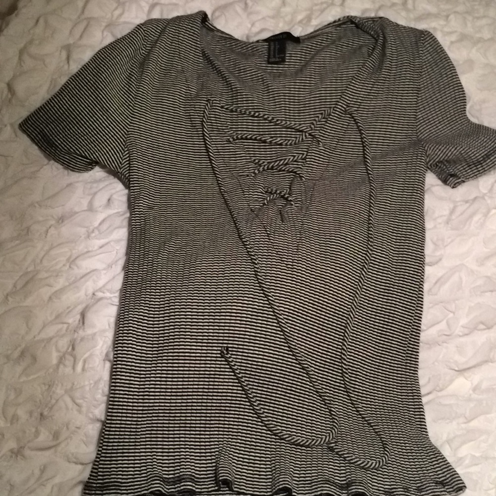 Black and white stripe lace up tee
